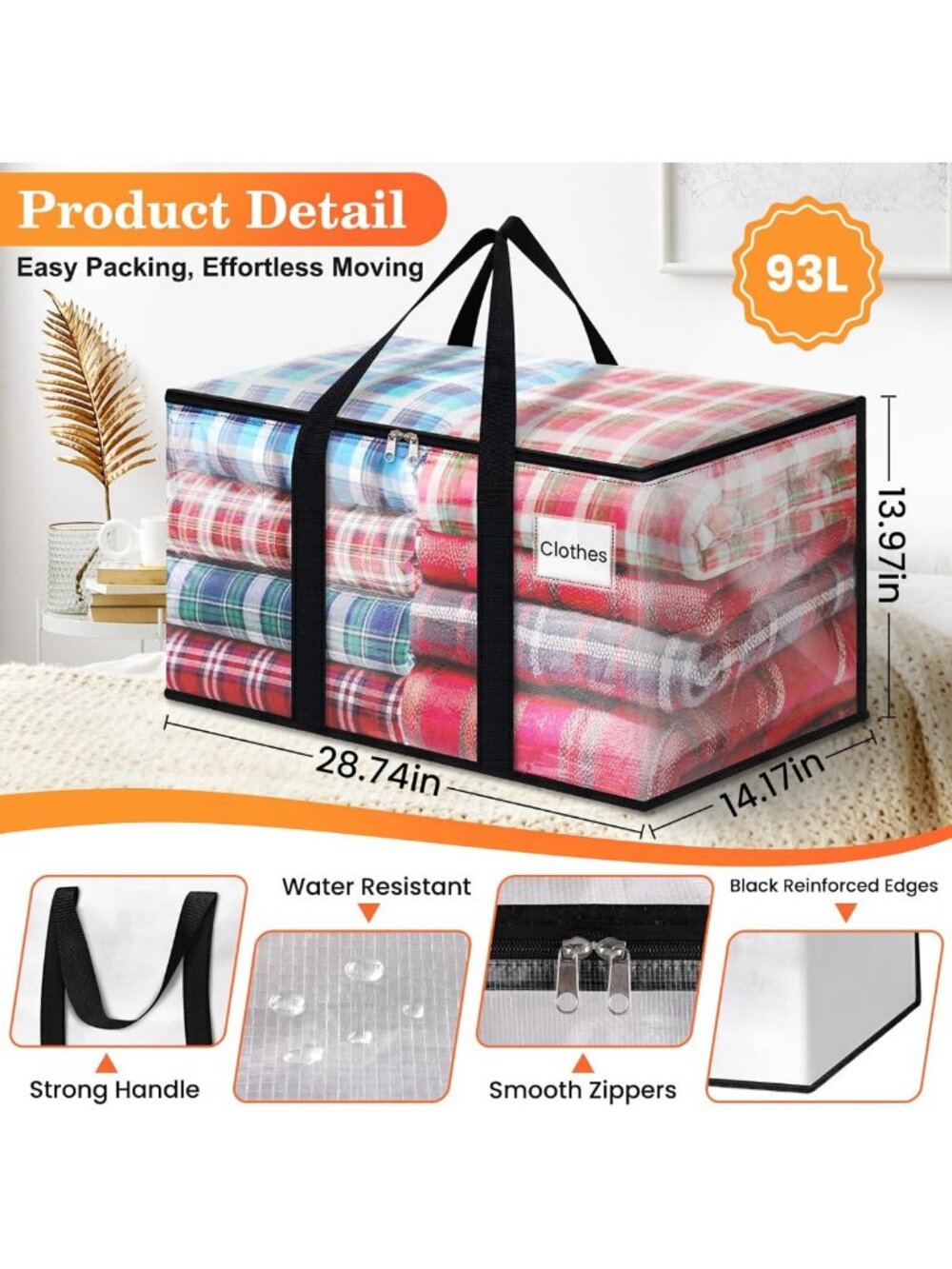 Extra Large Heavy Duty Storage Bags with Zippers & Handles - 8 Pack, 93L Tote - Picture 3 of 7